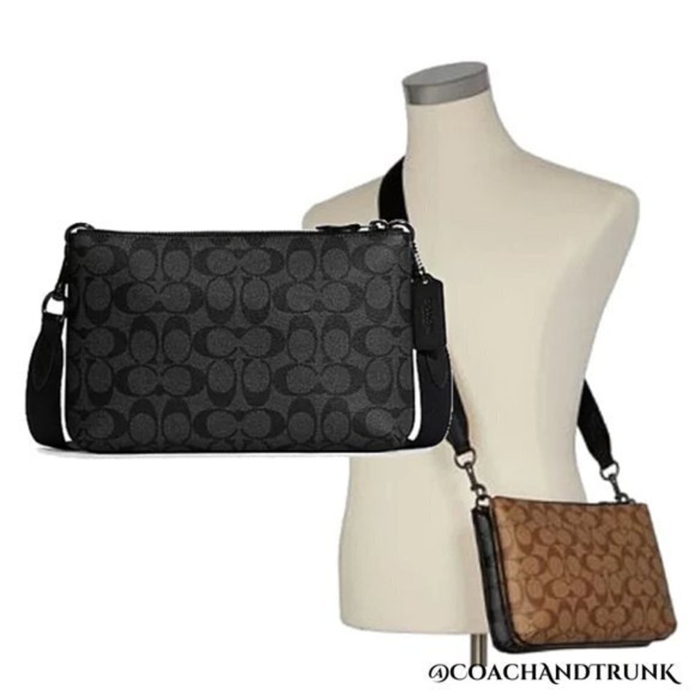COACH 2PC Everett Crossbody Dbl Sided Charcoal Khaki / Khaki Red & Card Case NWT - Picture 4 of 16